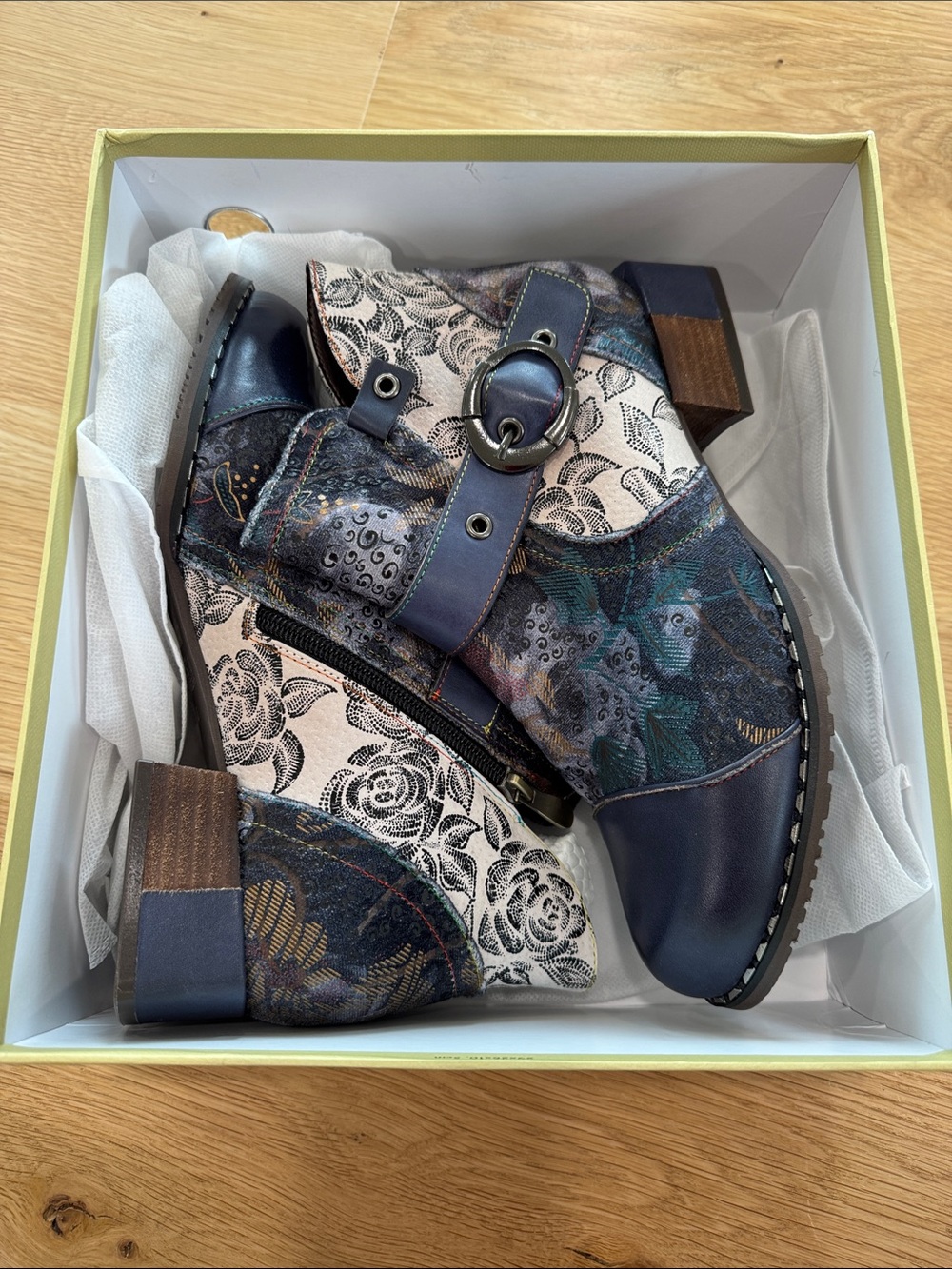 Floral Embossed Navy and Cream Ankle Bootie with Buckle Accent